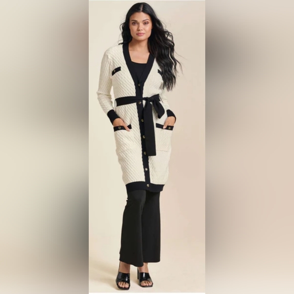 VENUS Contrast Trim Cardigan MEDIUM White-Black - Picture 1 of 8